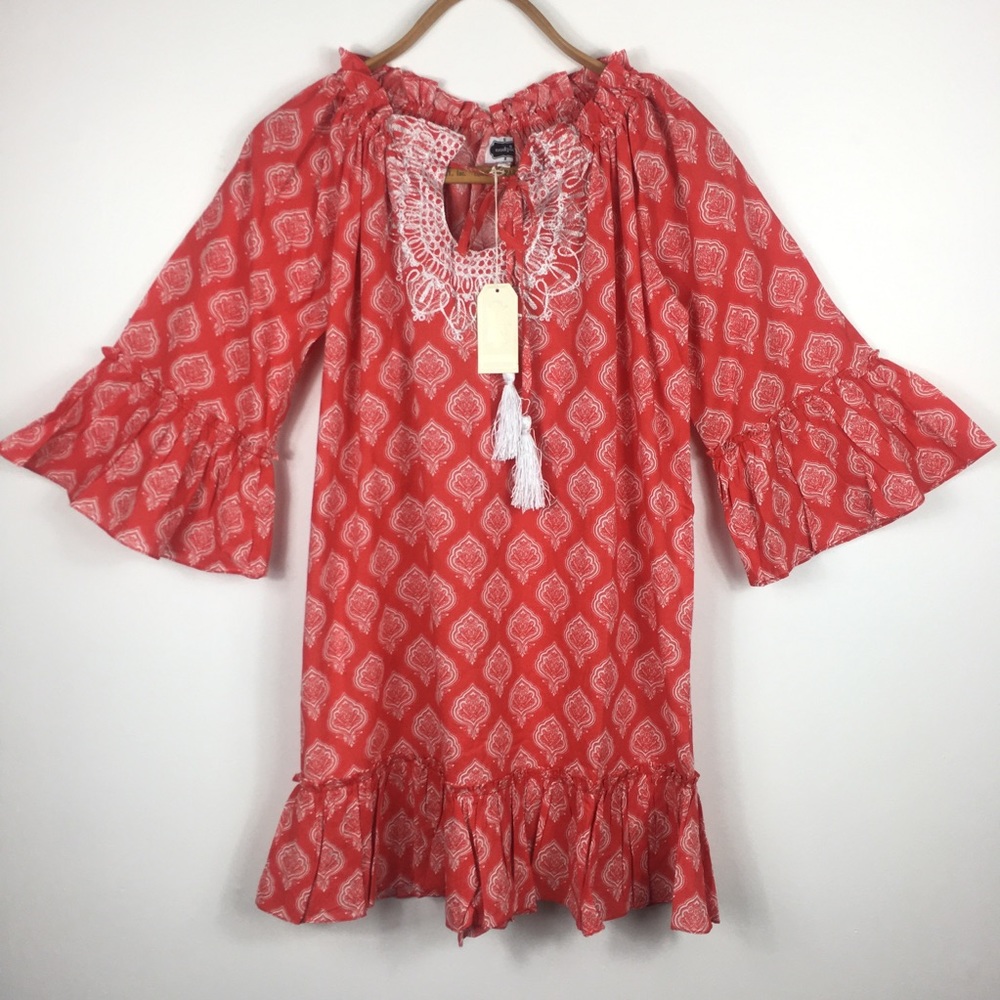 Mud Pie Cover Up Dress Red Paisley Bell Sleeve - Picture 1 of 8